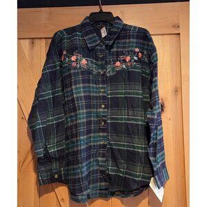 New! Vtg Jane Ashley Size L Embroidered Flannel Plaid Button Down Shirt Western